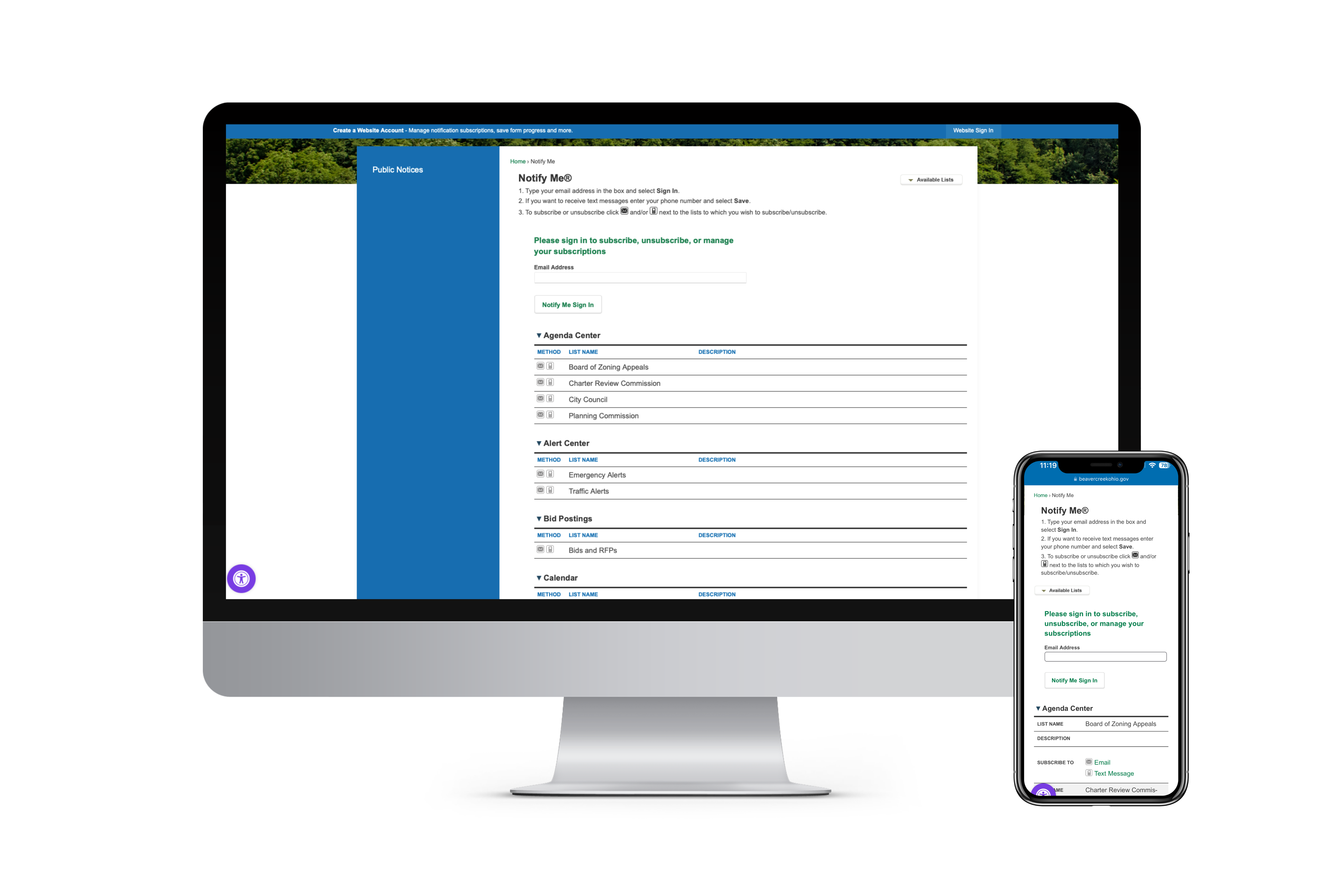 Computer and phone featuring city's Notify Me webpage 