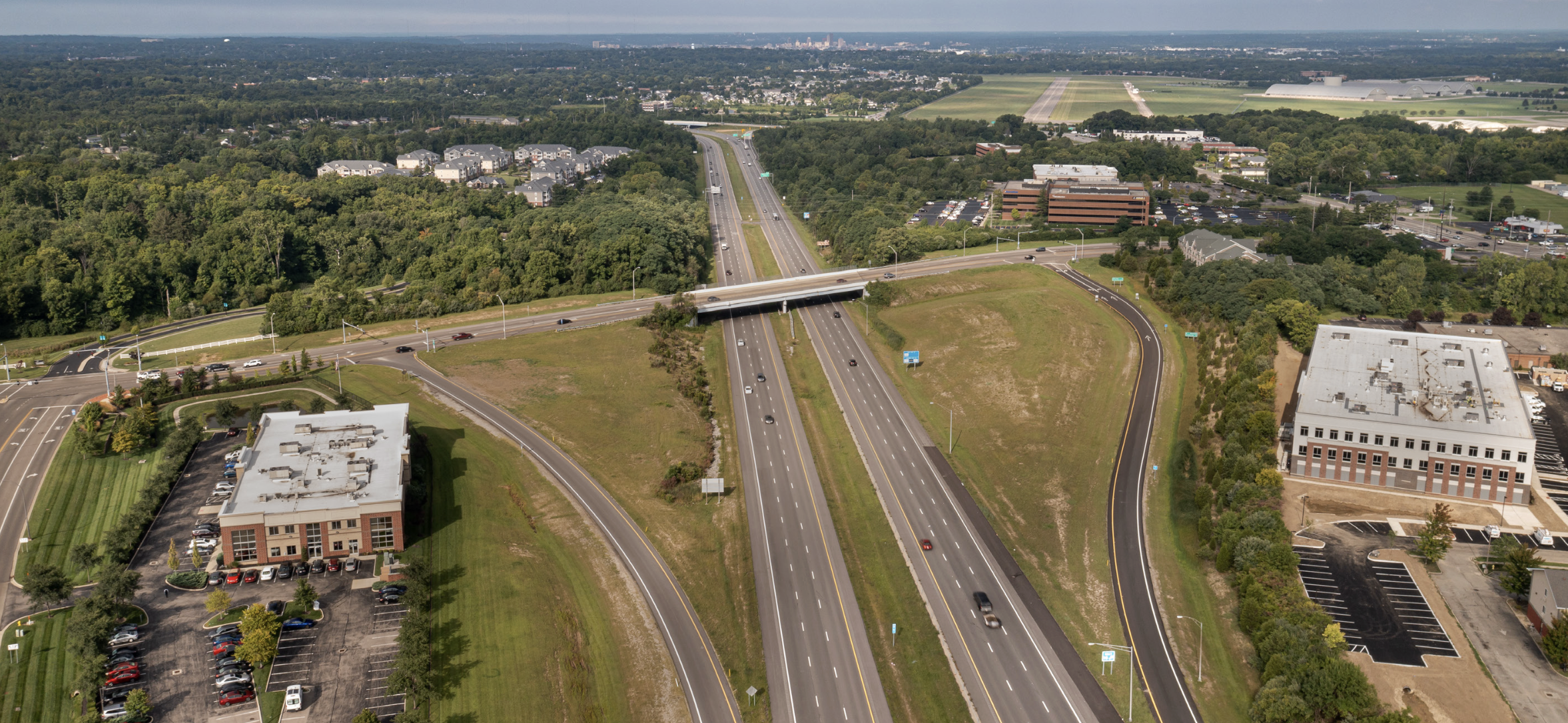 Drone overhead shot of I-675 and Grange Hall Road Interchange