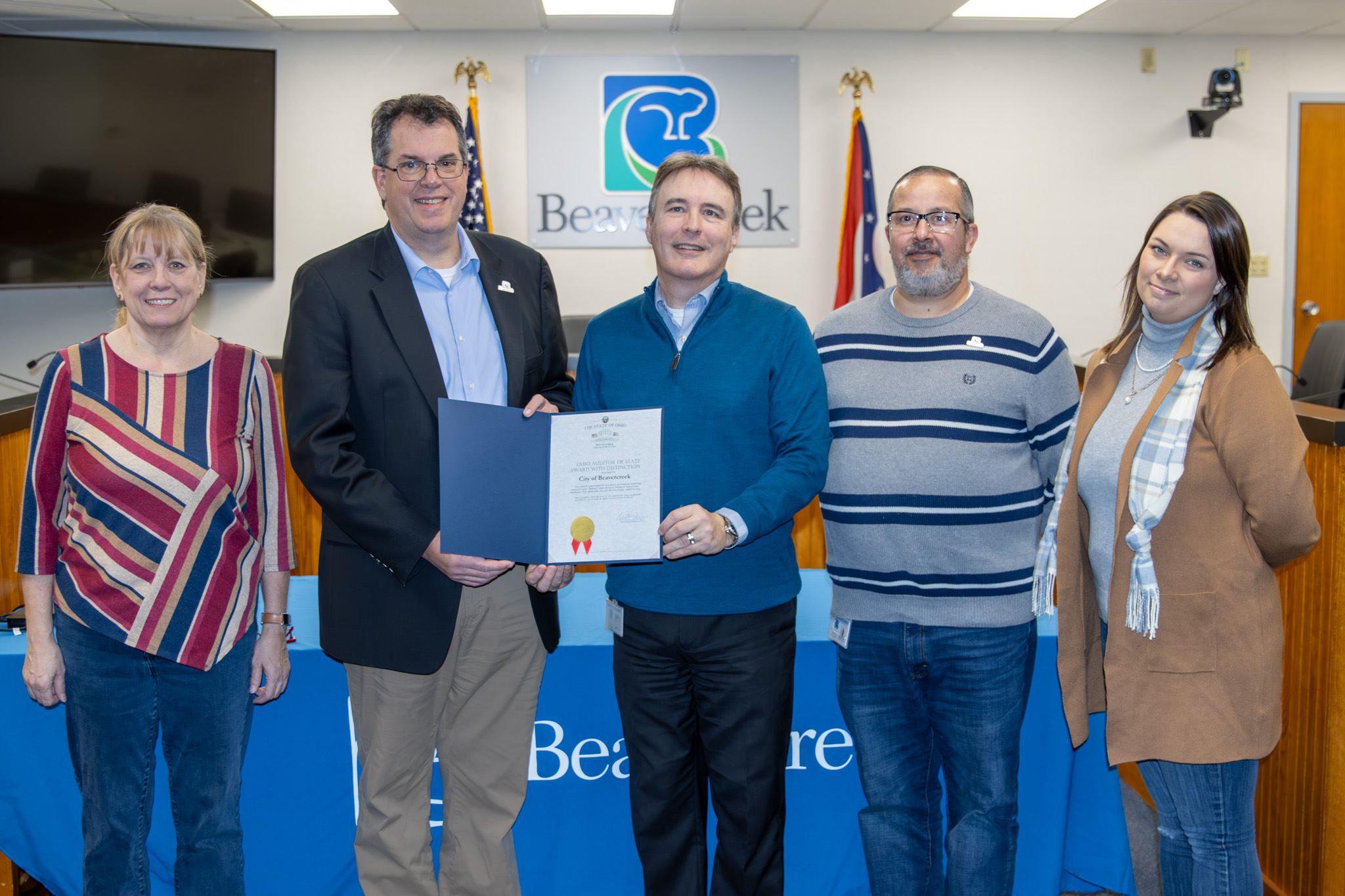 City of Beavercreek's finance team accepting prestigious state auditor award.