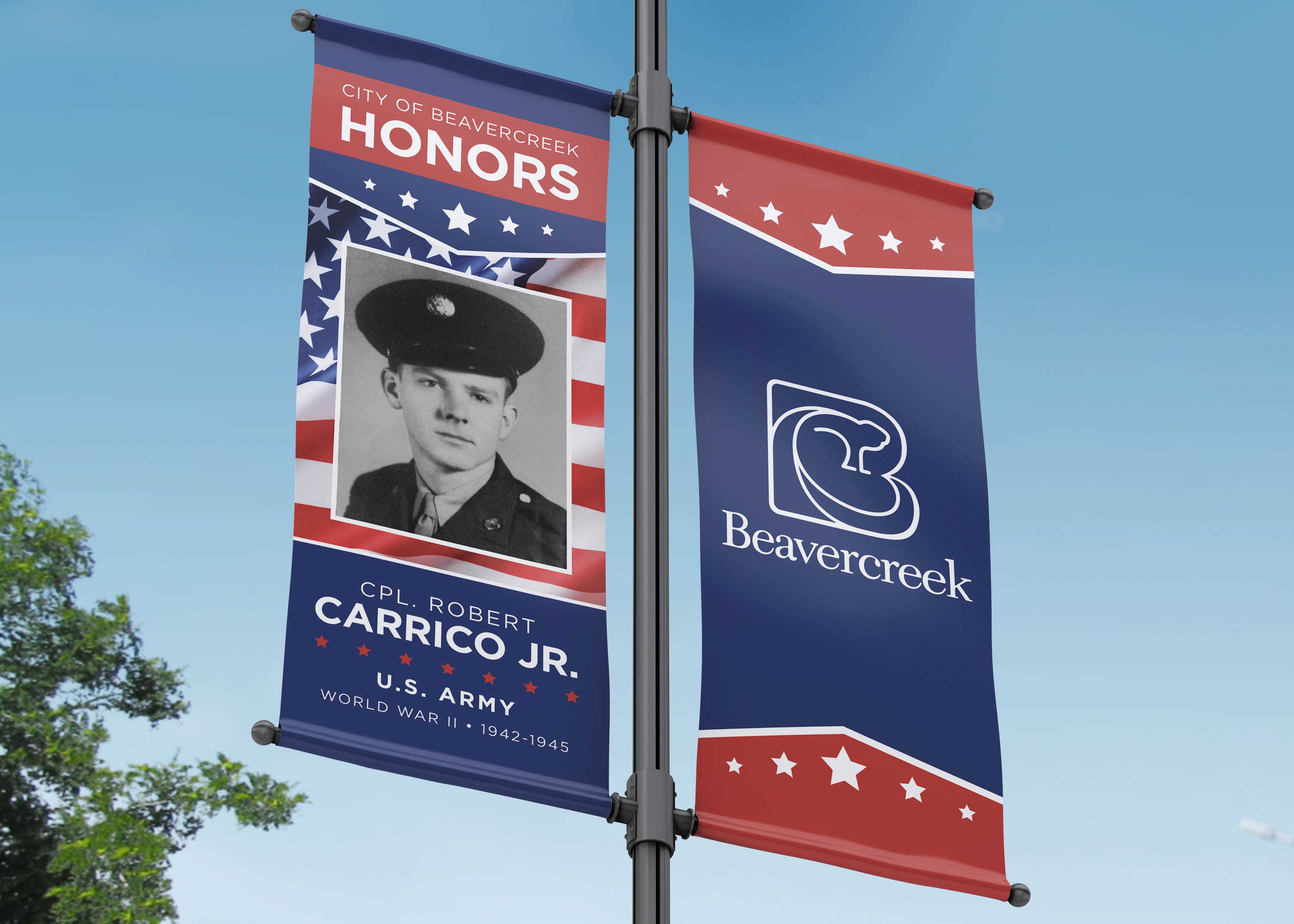 Beavercreek honors banner showing WWII U.S. Army Cpl. Robert Carrico Jr. with city logo.